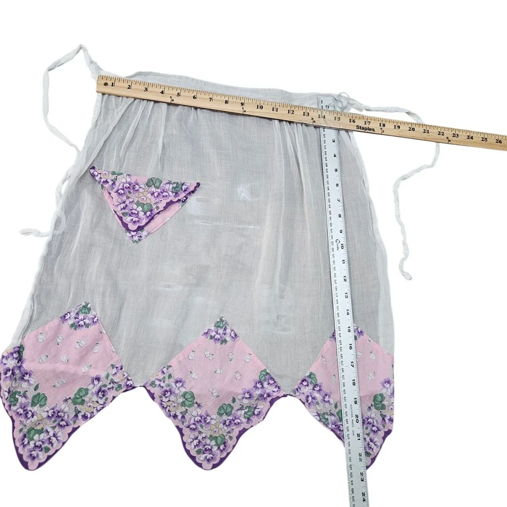 Vintage 60s 70s White Sheer Half‎ Apron Floral Patchwork Purple Flower Cottage